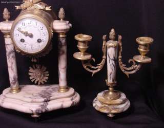 Antique 3 pc Gilt Bronze & Marble Clock Set 2 Matching Candelabras 