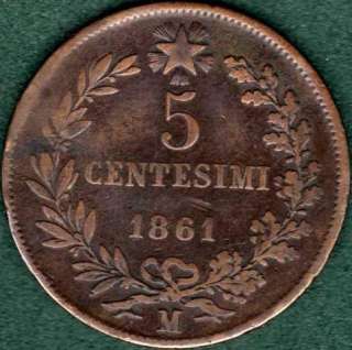 ITALY 5 centesimi 1861 M Coin  