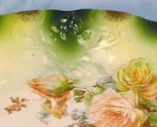 Lovely ROSES on GREEN DECORATIVE PORCELAIN BOWL Vintage  