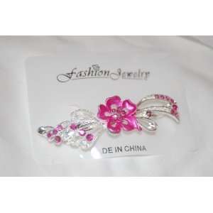   : Pink Silver Flower & Gems 2.5 Silver French Clip Barrette: Beauty