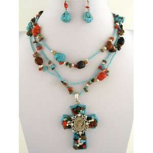   Cross Pendant with Beaded Necklace and Earrings Set