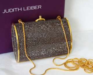New Judith Leiber Minaudiere Brown Swarovski Crystal Full Beaded Bag 