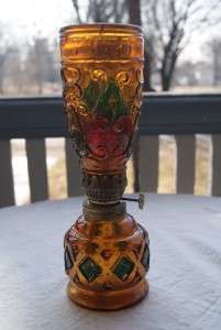   vintage Hong Kong Brand Amber Stained Goofus Glass Oil Lamp  