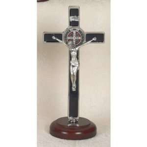  INRI Crucifix with St. Benedict Medal on Wood Base Enamel 