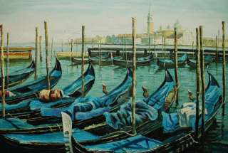 Venice harbor Boats Seascape Oil Painting on Canvas 24x36 Signed V10 