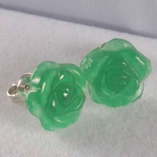 Green Jade Carved Rose Flower Bead Ear@ Studs Earrings  