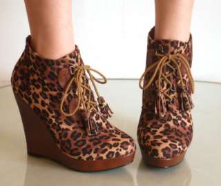 Platform Wedge Lace Up Booties Ankle Boot Leopard Black  