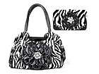 Black Zebra Flower Rhinestone Handbag Purse Satchel Matching Wallet 