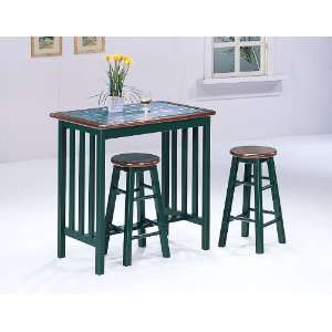 World Imports Oak/Green Tile Top Bar and 2 Stools 9799