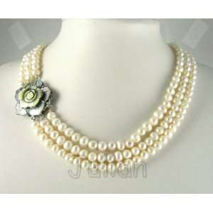   9mm 3 Stands White Freshwater Pearl Necklace J052: Office Products