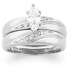   Silver Marquise Cubic Zirconia CZ & Diamond Wedding Ring Set, Size 9