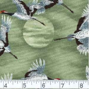  45 Wide Small Evening Cranes   Green Fabric By The Yard 