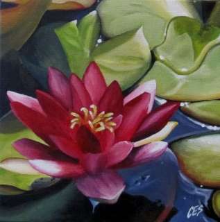 Original DAILY Painting CES Water Lily Flower PINK Purple Lotus Canvas 