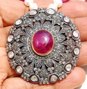 ANTIQUE 14KT BLOOD RED RUBY DIAMOND MOGHUL NECKLACE  