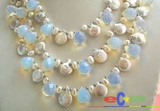3ROW WHITE ROUND COIN PEARL NATURE OPAL DRIP NECKLACE  