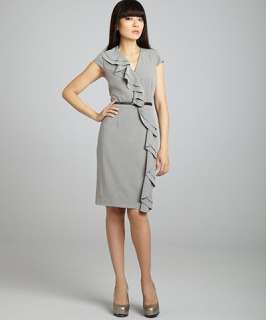 Calvin Klein tin stretch ruffle front belted cap sleeve dress