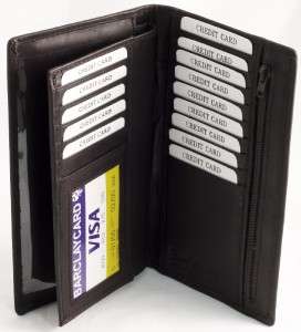 Checkbook Cover Organizer Wallet BLACK LEATHER Holds 14 cards ID 