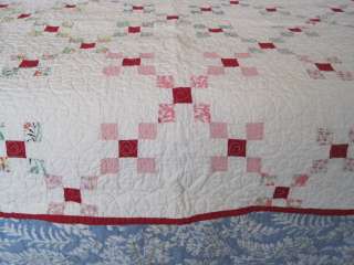 Vintage Irish Chain Quilt Pastel w Red Chain Heavily Quilted Summer 