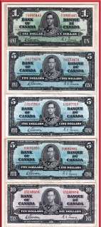 1937 Bank of Canada 6 Crisp VF EF Gordon & Towers Notes. 2 x $10, 3 x 