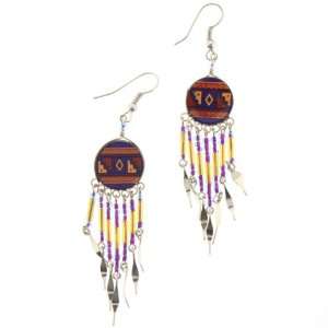  Native American Style Dangling Round Earrings in Purple and Amber 