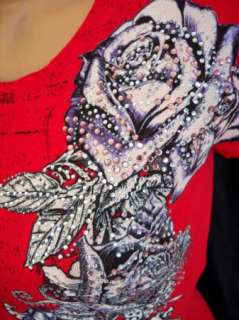 Rhinestone Cascading ROSES tattoo graphic T SHIRT top sexy flirty RED 