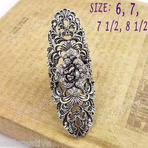 Filigree Flower Crystal Floral 6cm Long Ring Full Finger Vintage Style 