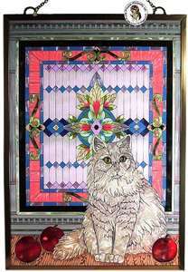 NEW PAINTED STAINED ART GLASS WHITE PERSIAN CATS PANEL  