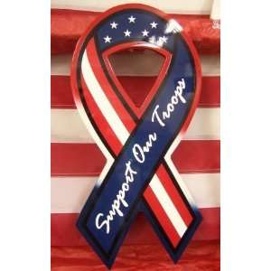   Support Our Troops Cursive Wh On R,W,B, 12 Inch Wood Support Ribbon