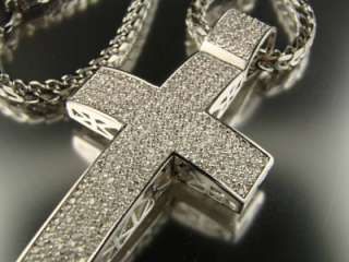WHITE GOLD FINISH DOMED MENS CZ MICRO PAVE CROSS+CHAIN  