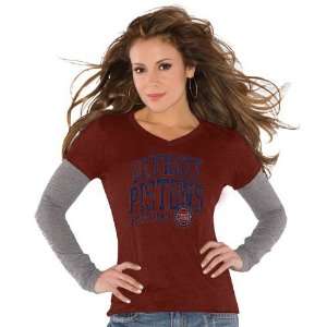   Detroit Pistons Ladies Red Double V Tri Blend Premium T shirt: Sports