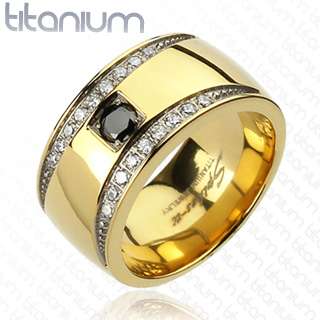   solid titanium ring with gold IP crescent design multi CZ wedding band