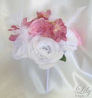 are made with one white rosebud accented with mauve hydrangeas