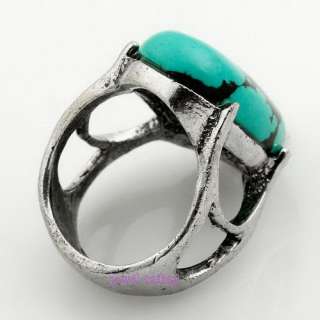 Yazilind Oval Turquoise Gemstone Tibet Silver Ring Sz 9  