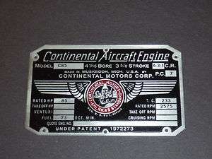 C85, Continental Motors Engine Data Plate, P/N 634875  
