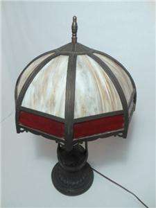  Crafts 16 Panel w/ Red Slag Glass Bradley & Hubbard Table Lamp  