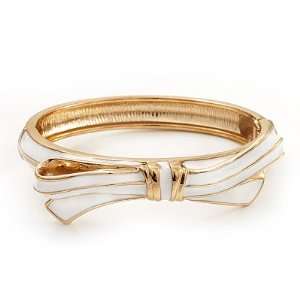 Stylish Snow White Enamel Bow Hinged Bangle Bracelet In Gold Plated 
