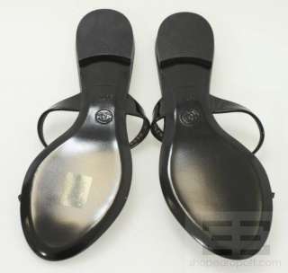Chanel Black Patent Leather Silver Monogram Toe Strap Flat Sandals 