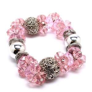  Pink Glass Bead & Silver Tone Bracelet 