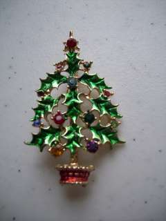 Vintage Holly Leaf Christmas Tree Rhinestone Pin Brooch  