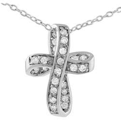 Sterling Silver CZ Ribbon Cross Necklace  