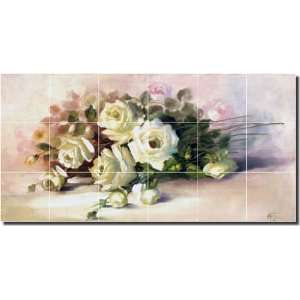 White Roses II by Fernie Parker Taite   Floral Ceramic Tile Mural 12 