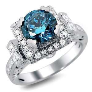  2.12ct Blue Round Diamond Engagement Ring 14k White Gold 