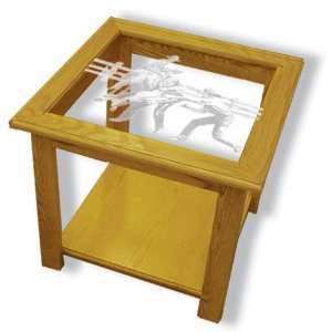 : Oak Glass Top End Table With Calf Roping Etched Glass   Calf Roping 