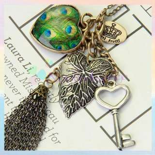 Peacock Leaf Key Heart Pendant Fringe Tassel Necklace  