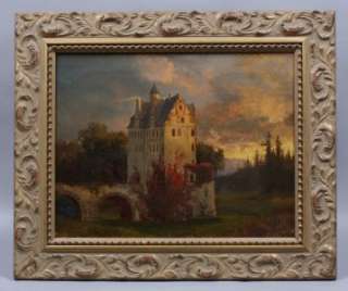   Antique Impressionist Castle Landscape Oil Painting Sunset 1800s