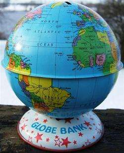 Vintage J CHEIN Metal WORLD GLOBE BANK Made In USA STARS RED WHITE 