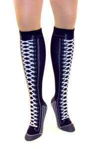Black n Grey Knee High Sneaker Boot Lace Socks Novelty  