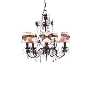 Pink Plain Chandelier Shades with Brown Sash on the Mocha & Pink 5 Arm 