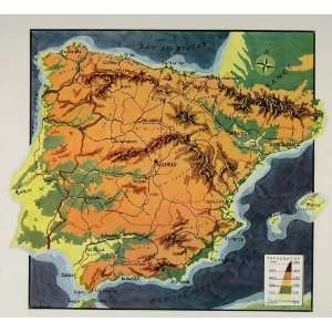   Print Map Spain Portugal Topography NICE   Original Print Home
