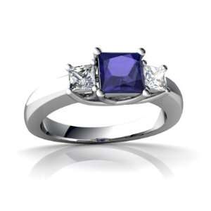   Gold Square Created Sapphire trellis three stone Ring Size 4: Jewelry